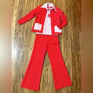 RARE Vintage 3-piece Suit Sears Swiss Dot Red & White Mushroom Bell Bottoms 70s